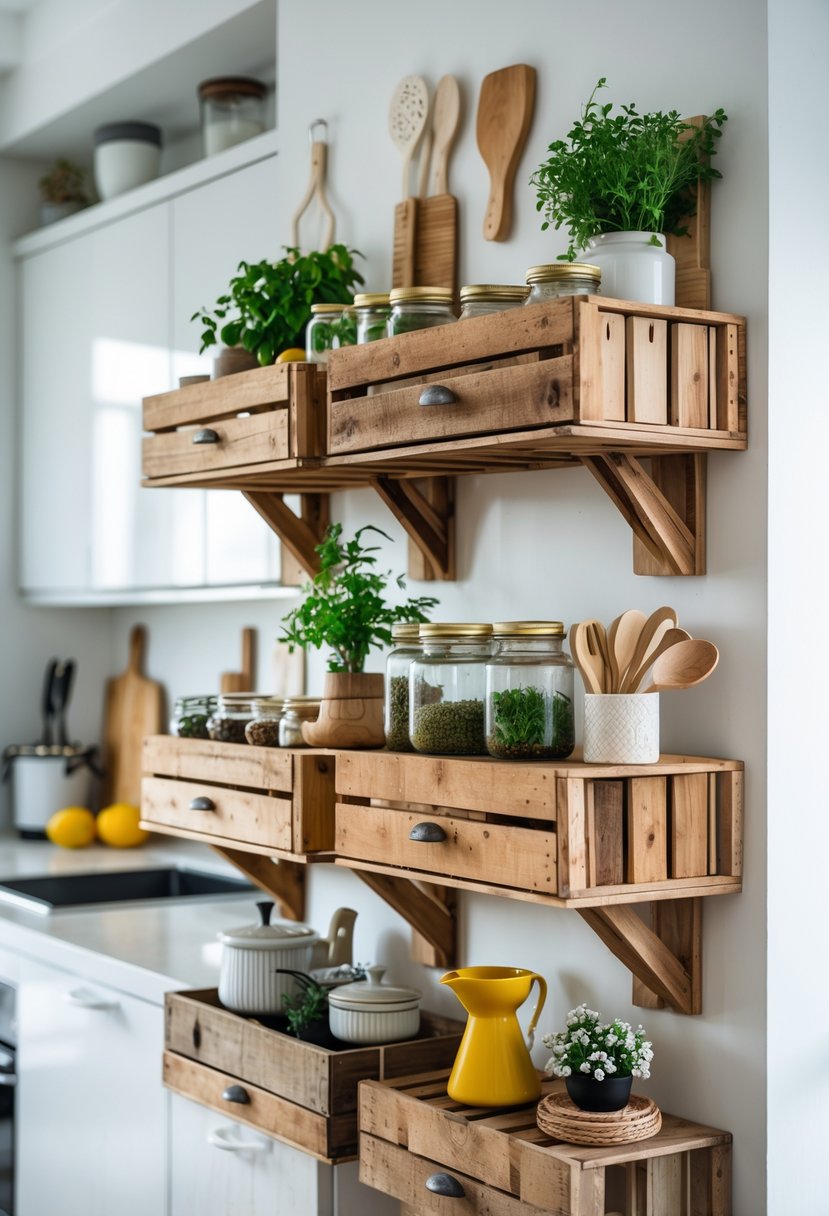 Wooden crate shelves made from old drawers displaying kitchen items like jars, herbs, and utensils in a bright kitchen.