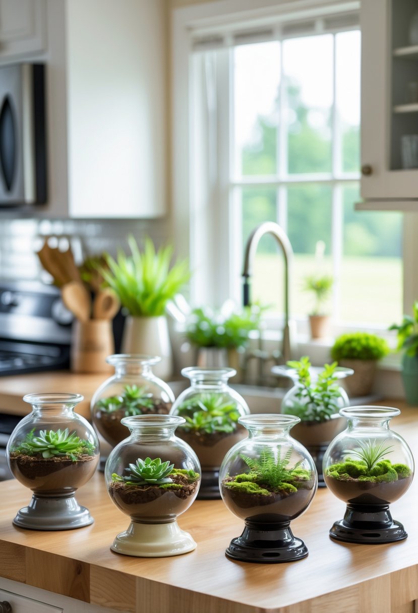 A kitchen countertop displaying several glass coffee pot terrariums filled with green plants and surrounded by small upcycled kitchen crafts.
