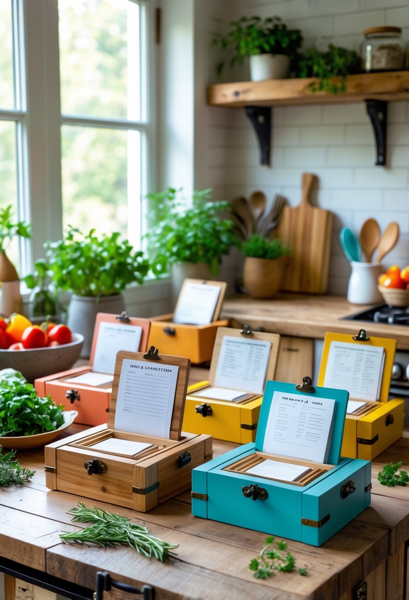 A kitchen countertop displaying cutting boards converted into recipe boxes, some open to show recipe cards inside, surrounded by herbs and kitchen utensils.