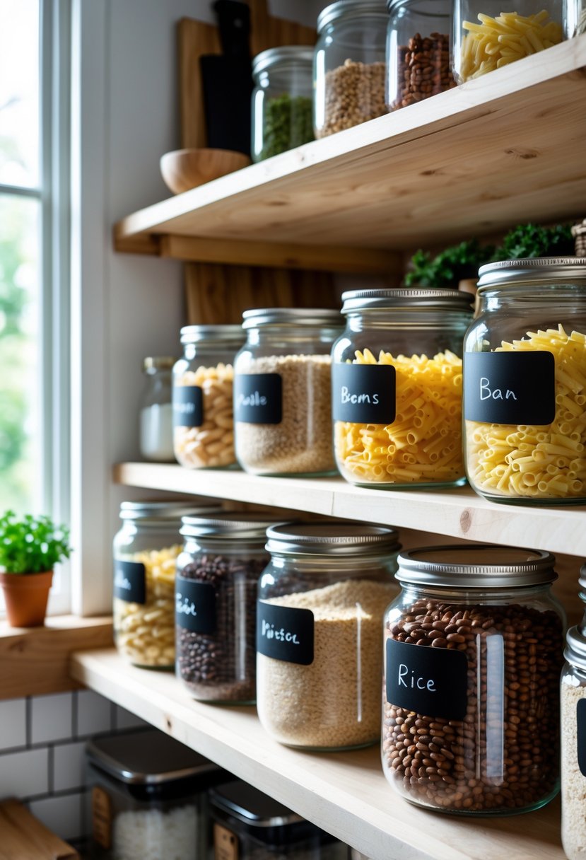 Glass jars filled with dry food items neatly arranged on wooden pantry shelves in a kitchen.