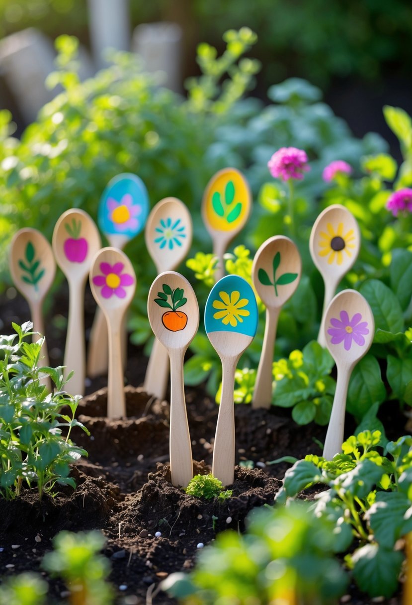 Wooden spoons decorated and used as markers planted in a garden bed among green plants.