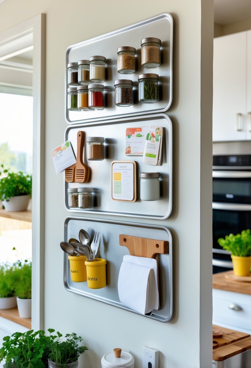 Kitchen wall with cookie sheets used as magnetic organizers holding spices and utensils, with kitchen counter and plants nearby.