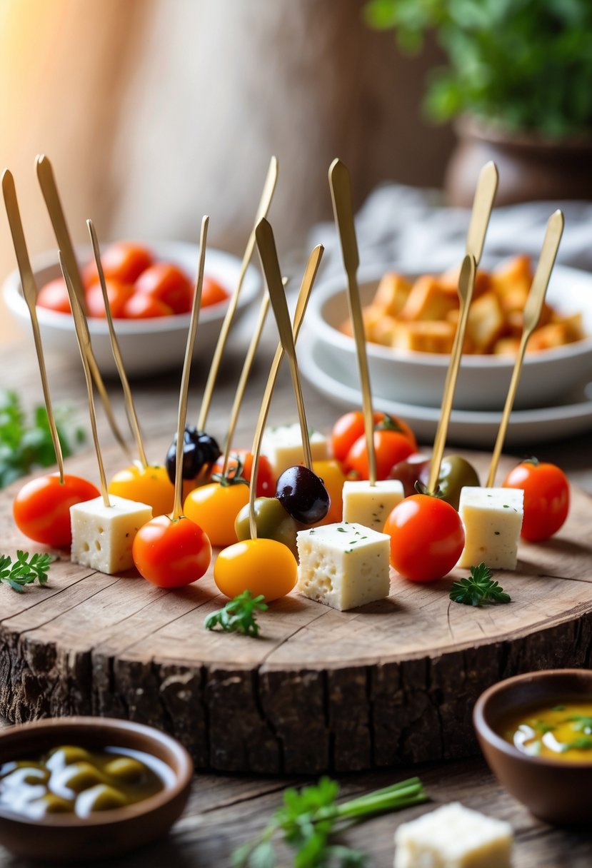 Fondue forks used as skewers holding colorful bite-sized snacks arranged on a wooden table with small bowls of dips and fresh herbs around.