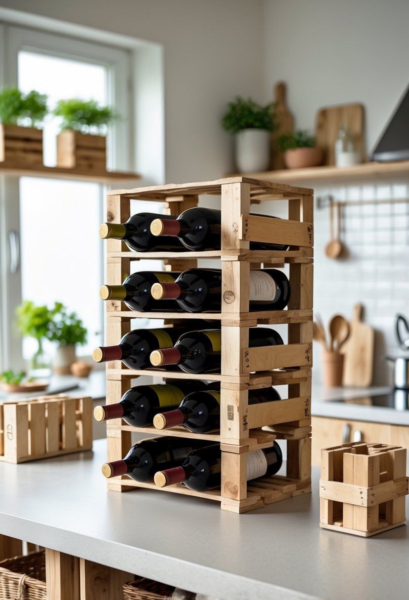 A kitchen countertop displaying a wine rack and various kitchen crafts made from reclaimed wooden pallets, with bottles of wine and small kitchen items arranged neatly.
