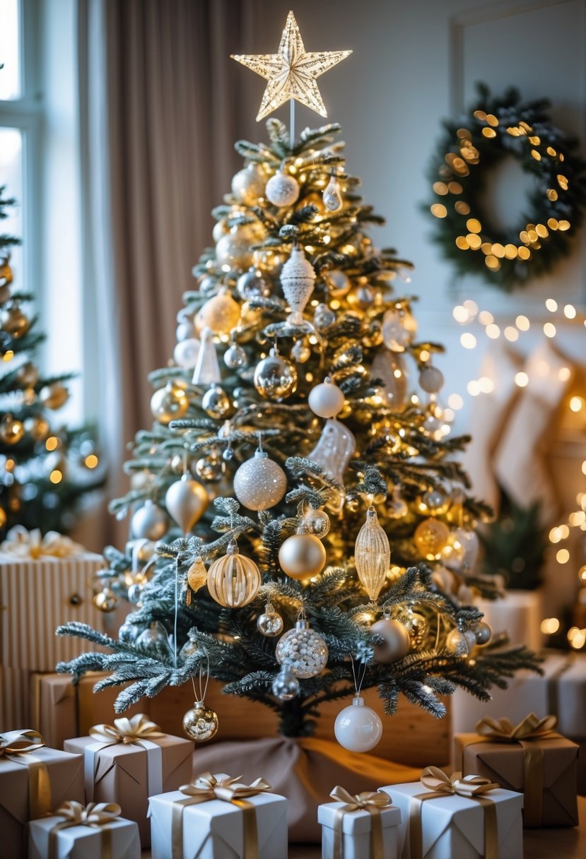 Christmas Tree Decorations Ideas 2025: 22 Stylish Ways To Elevate Your Holiday Décor 2 A decorated Christmas tree with gold and silver ornaments, fairy lights, pinecones, and wrapped presents underneath.