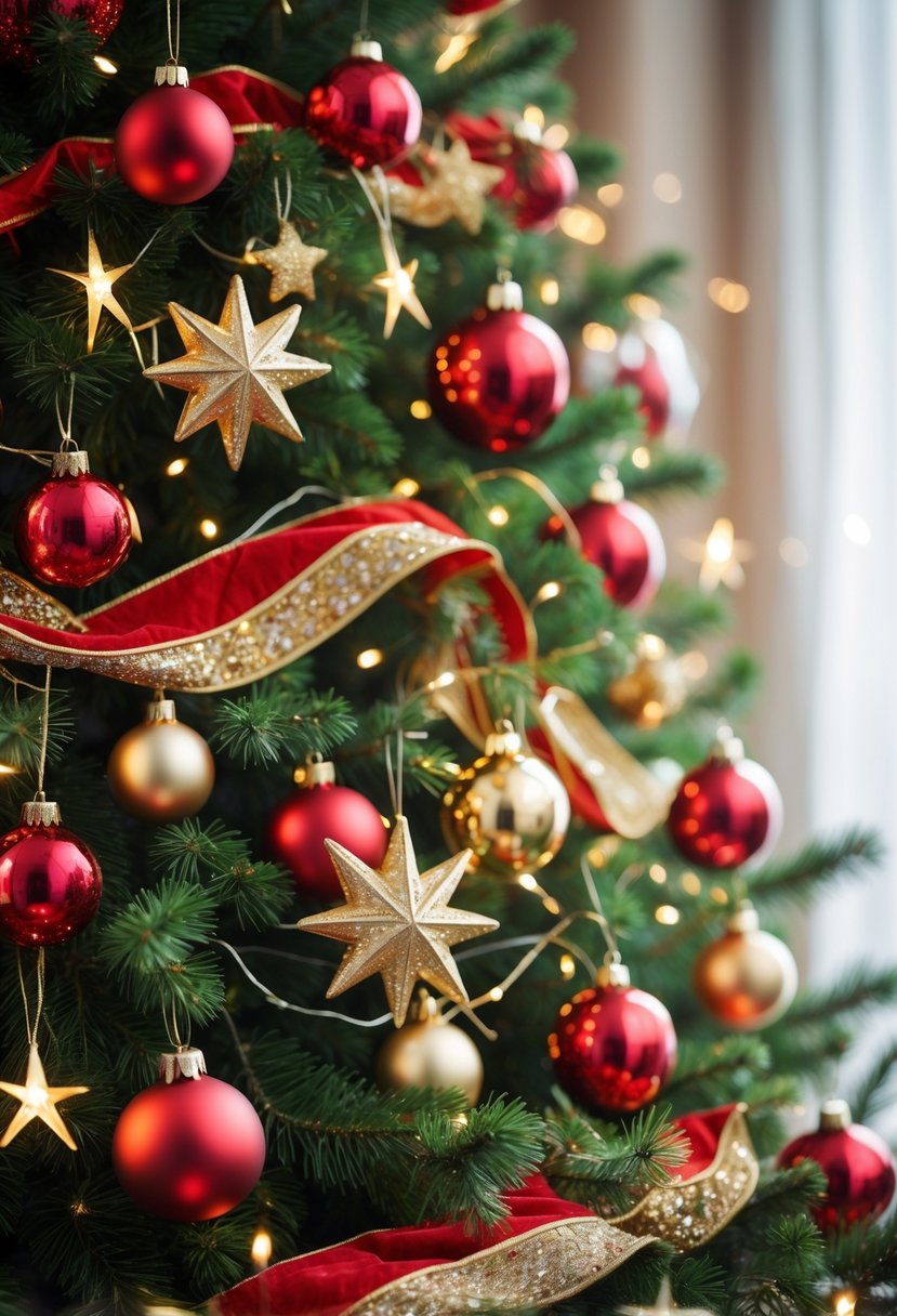 Christmas Tree Decorations Ideas 2025: 22 Stylish Ways To Elevate Your Holiday Décor 3 A Christmas tree decorated with red and gold ornaments, including baubles, ribbons, stars, and bells, with warm white lights glowing softly.