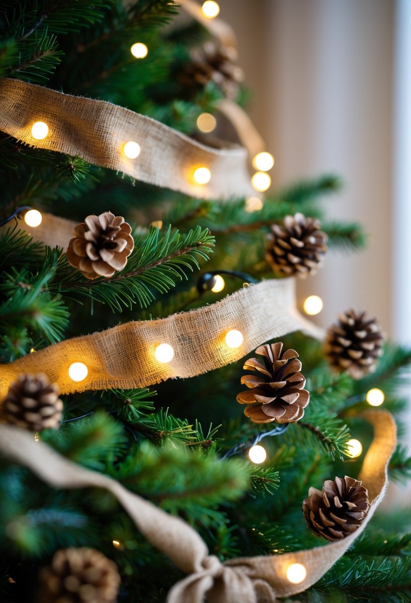 Christmas Tree Decorations Ideas 2025: 22 Stylish Ways To Elevate Your Holiday Décor 4 A Christmas tree decorated with pinecone and burlap garland and warm white lights.