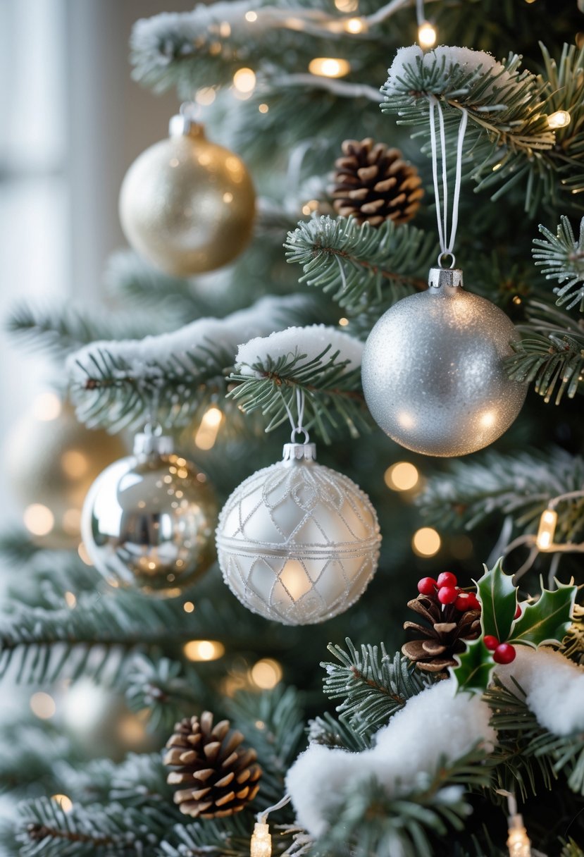 Christmas Tree Decorations Ideas 2025: 22 Stylish Ways To Elevate Your Holiday Décor 5 Close-up of snow-covered Christmas tree branches decorated with baubles, pinecones, holly, and fairy lights.