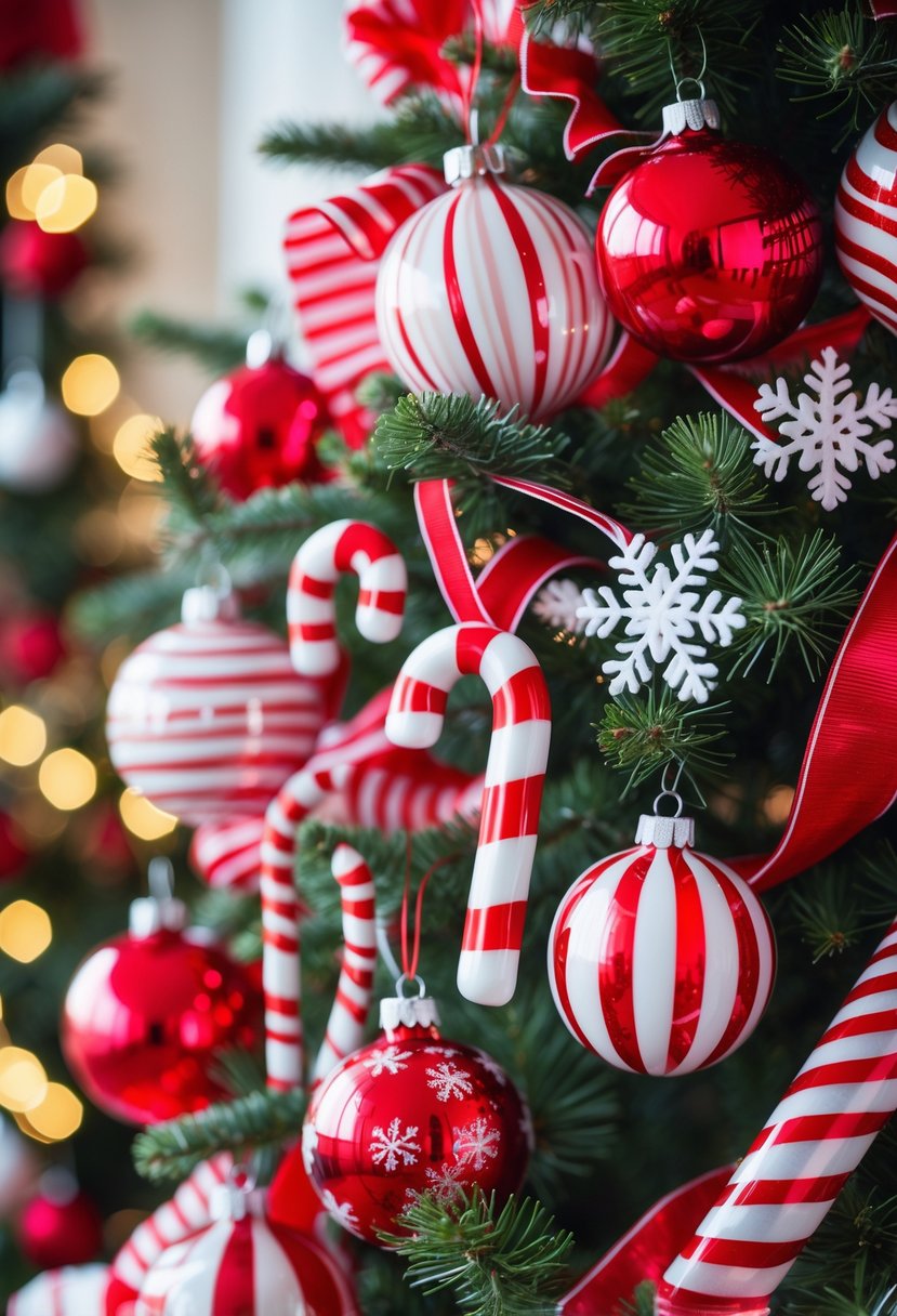 Christmas Tree Decorations Ideas 2025: 22 Stylish Ways To Elevate Your Holiday Décor 7 Christmas tree decorated with red and white striped candy cane ornaments and garlands, surrounded by warm festive lighting.