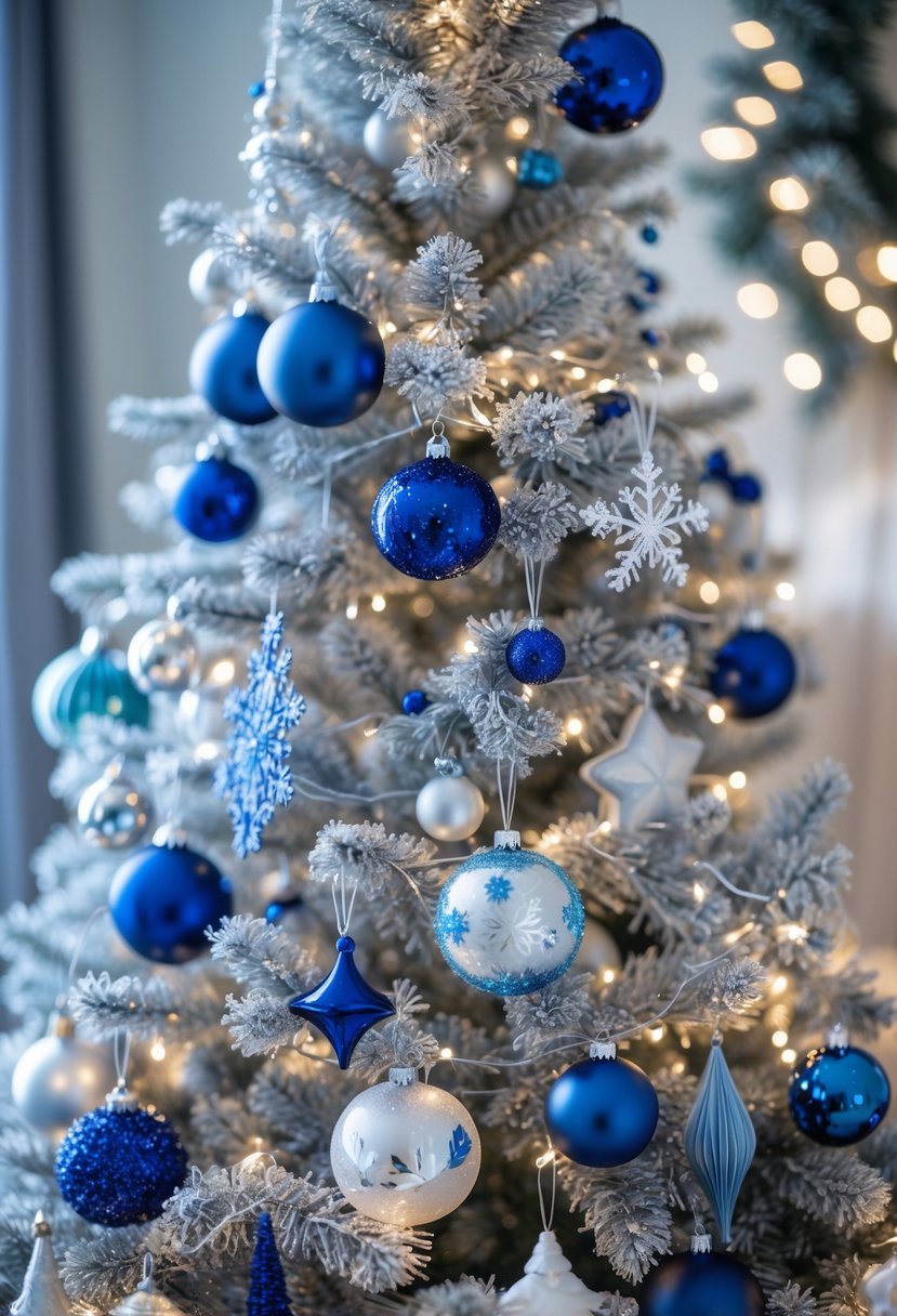 Christmas Tree Decorations Ideas 2025: 22 Stylish Ways To Elevate Your Holiday Décor 8 A Christmas tree decorated with blue and silver ornaments, silver tinsel, and white lights in a winter-themed setting.