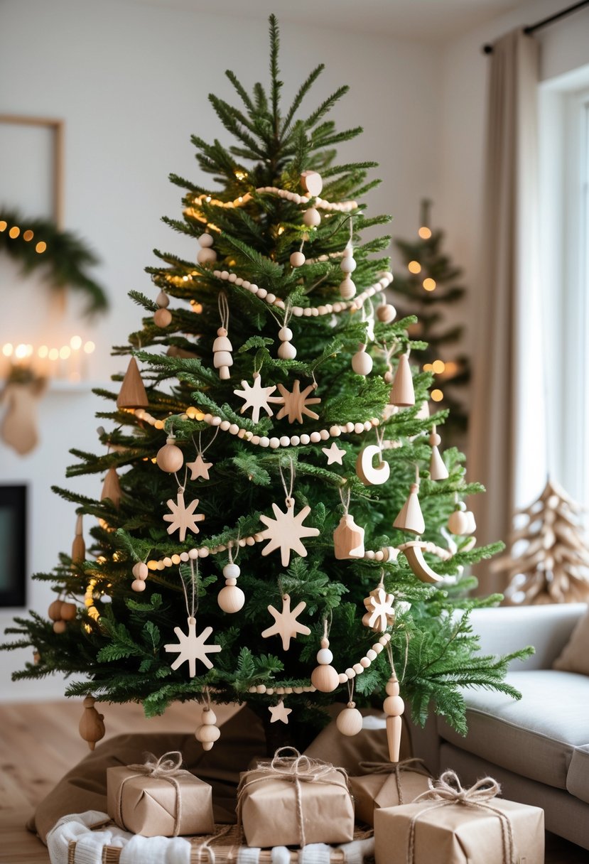 Christmas Tree Decorations Ideas 2025: 22 Stylish Ways To Elevate Your Holiday Décor 9 A Christmas tree decorated with eco-friendly wooden ornaments and warm white lights in a bright living room setting.