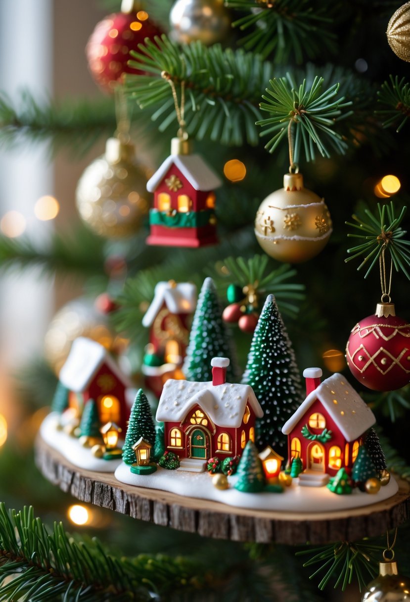 Christmas Tree Decorations Ideas 2025: 22 Stylish Ways To Elevate Your Holiday Décor 12 Miniature Christmas village ornaments hanging on a Christmas tree with snow-covered houses and festive decorations.