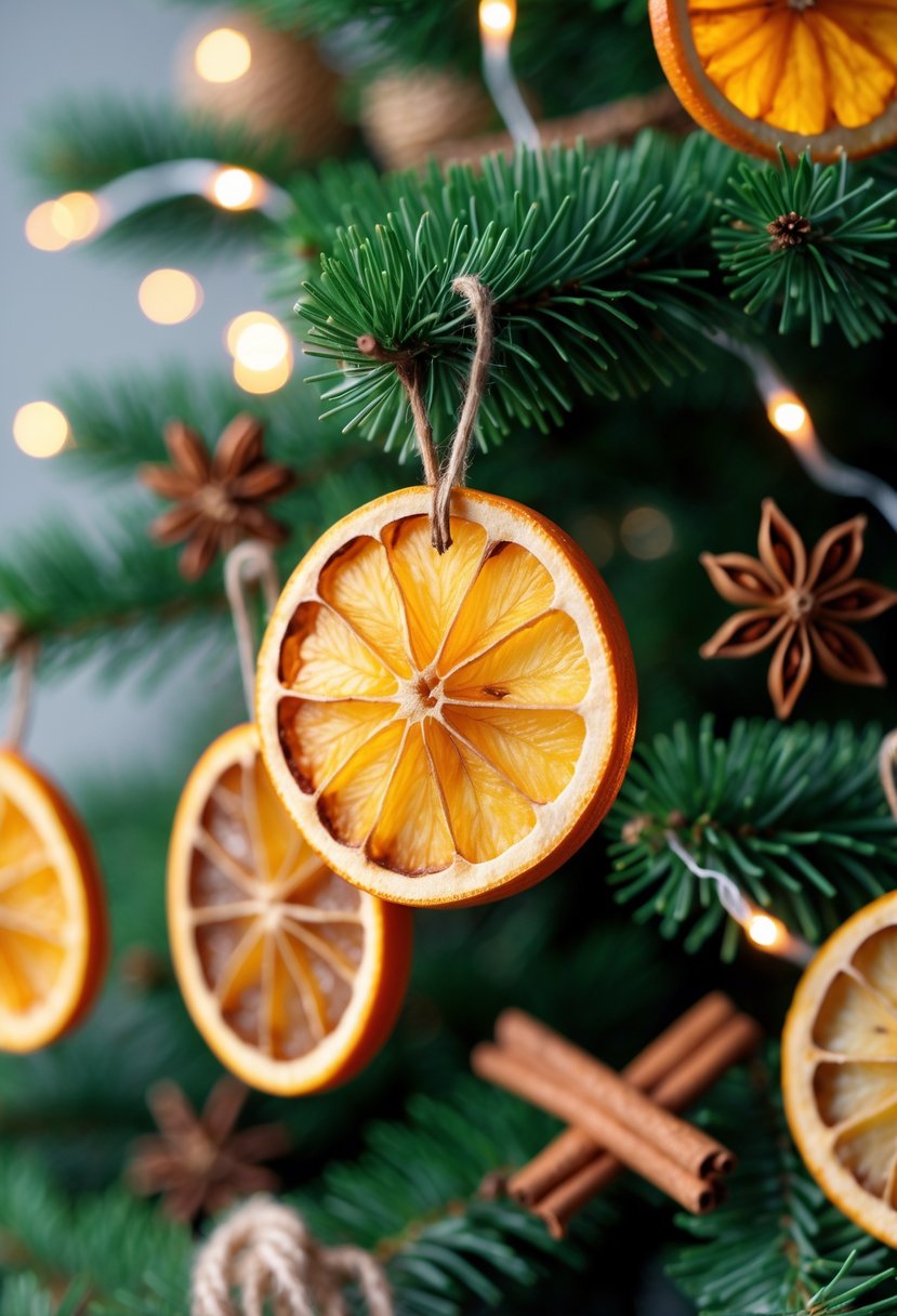 Christmas Tree Decorations Ideas 2025: 22 Stylish Ways To Elevate Your Holiday Décor 16 Close-up of dried orange slices hanging as decorations on a Christmas tree branch with warm lights and natural holiday accents.