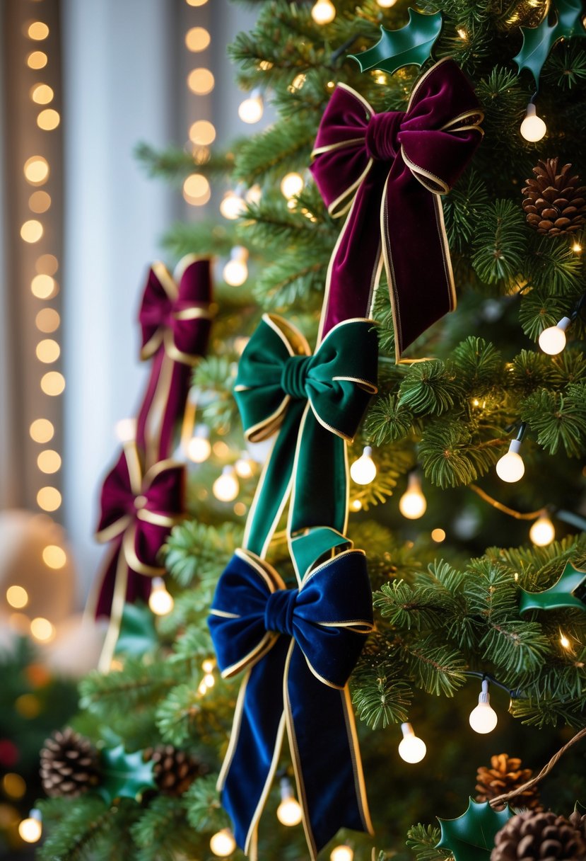Christmas Tree Decorations Ideas 2025: 22 Stylish Ways To Elevate Your Holiday Décor 17 A Christmas tree decorated with velvet ribbon bows and warm white lights in a cozy holiday setting.