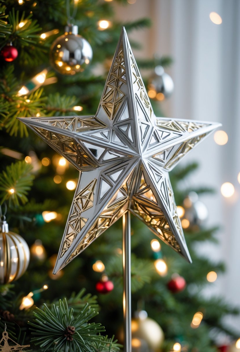 Christmas Tree Decorations Ideas 2025: 22 Stylish Ways To Elevate Your Holiday Décor 18 A decorated Christmas tree with a shiny metallic star as the tree topper and various ornaments and lights.