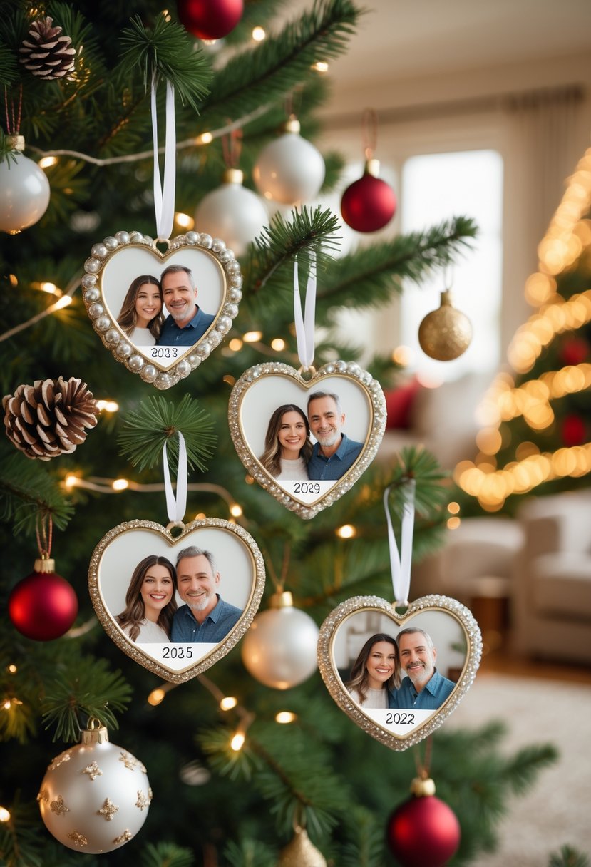Christmas Tree Decorations Ideas 2025: 22 Stylish Ways To Elevate Your Holiday Décor 19 A decorated Christmas tree with personalized family photo ornaments hanging among lights and festive decorations in a cozy living room.
