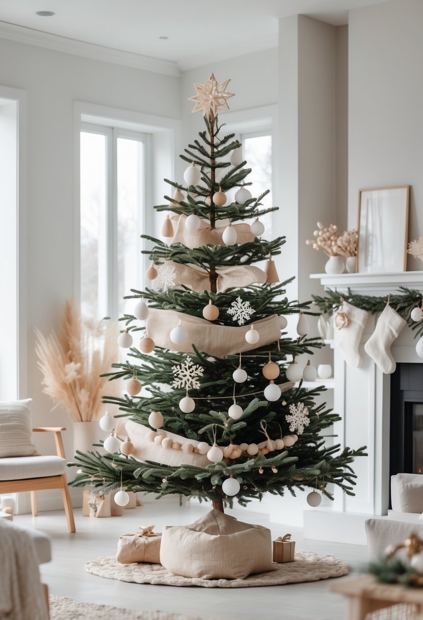 Christmas Tree Decorations Ideas 2025: 22 Stylish Ways To Elevate Your Holiday Décor 20 A Christmas tree decorated with simple wooden and white ornaments in a bright, modern living room.