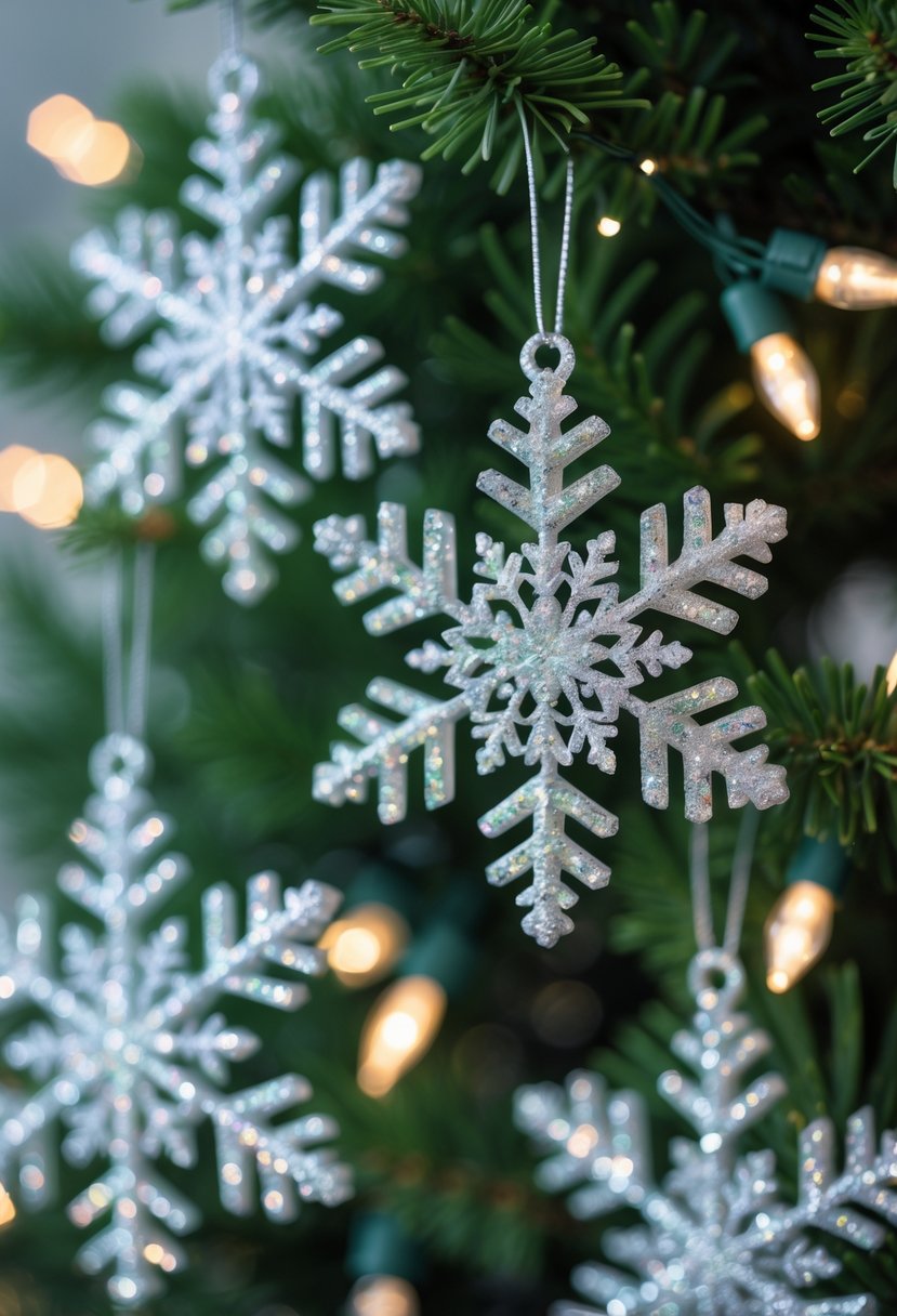 Christmas Tree Decorations Ideas 2025: 22 Stylish Ways To Elevate Your Holiday Décor 21 Close-up of glittery snowflake ornaments hanging on a green Christmas tree with warm white lights.