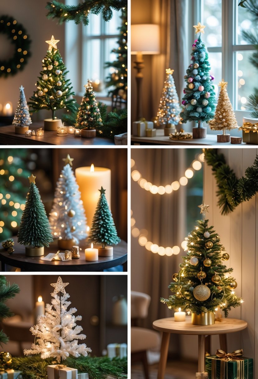 Christmas Tree Decorations Ideas 2025: 22 Stylish Ways To Elevate Your Holiday Décor 23 Several small decorated Christmas trees placed on tables and shelves in different cozy rooms with holiday decorations.