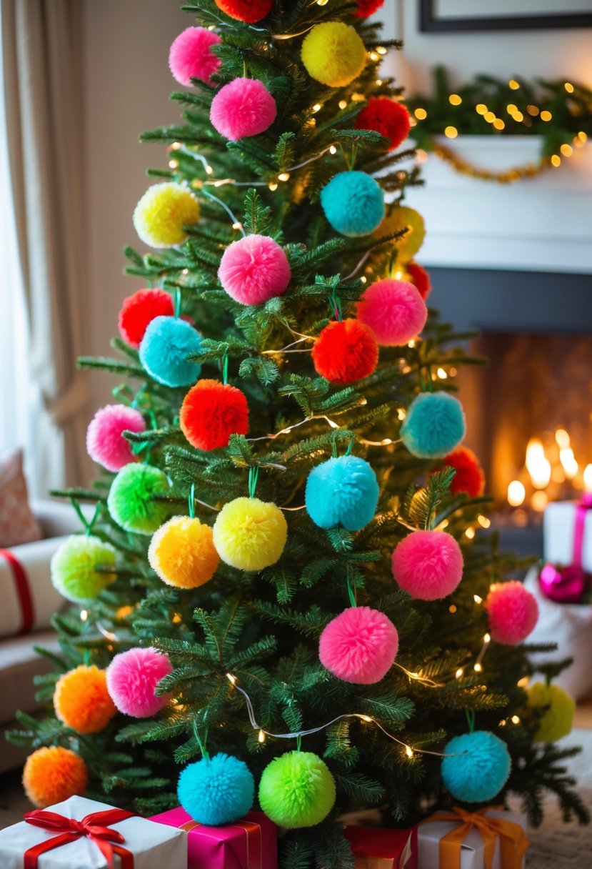 Christmas Tree Decorations Ideas 2025: 22 Stylish Ways To Elevate Your Holiday Décor 24 A decorated Christmas tree with colorful pom-pom garlands and warm white lights in a cozy living room with holiday decorations.