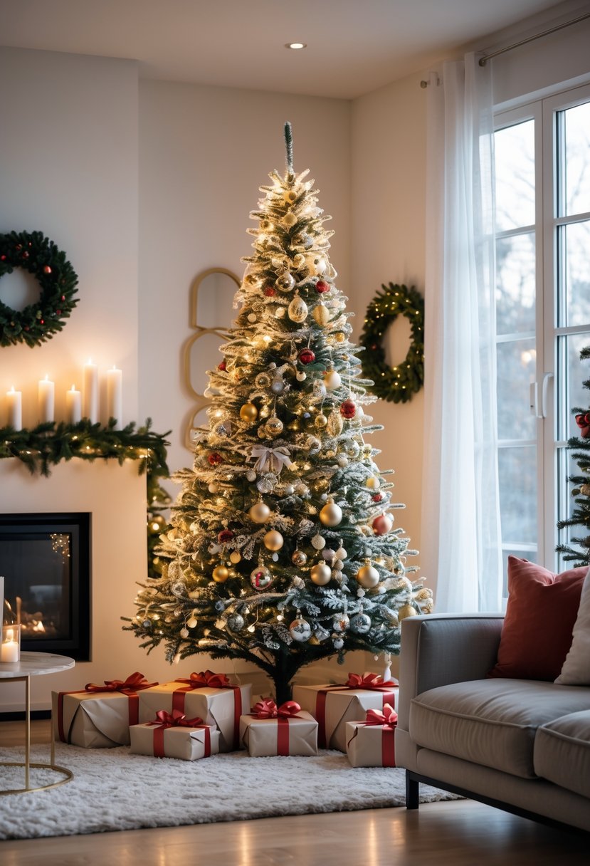 Christmas Tree Decorations Ideas 2025: 22 Stylish Ways To Elevate Your Holiday Décor 25 A decorated Christmas tree in a modern living room with wrapped presents and holiday decorations.