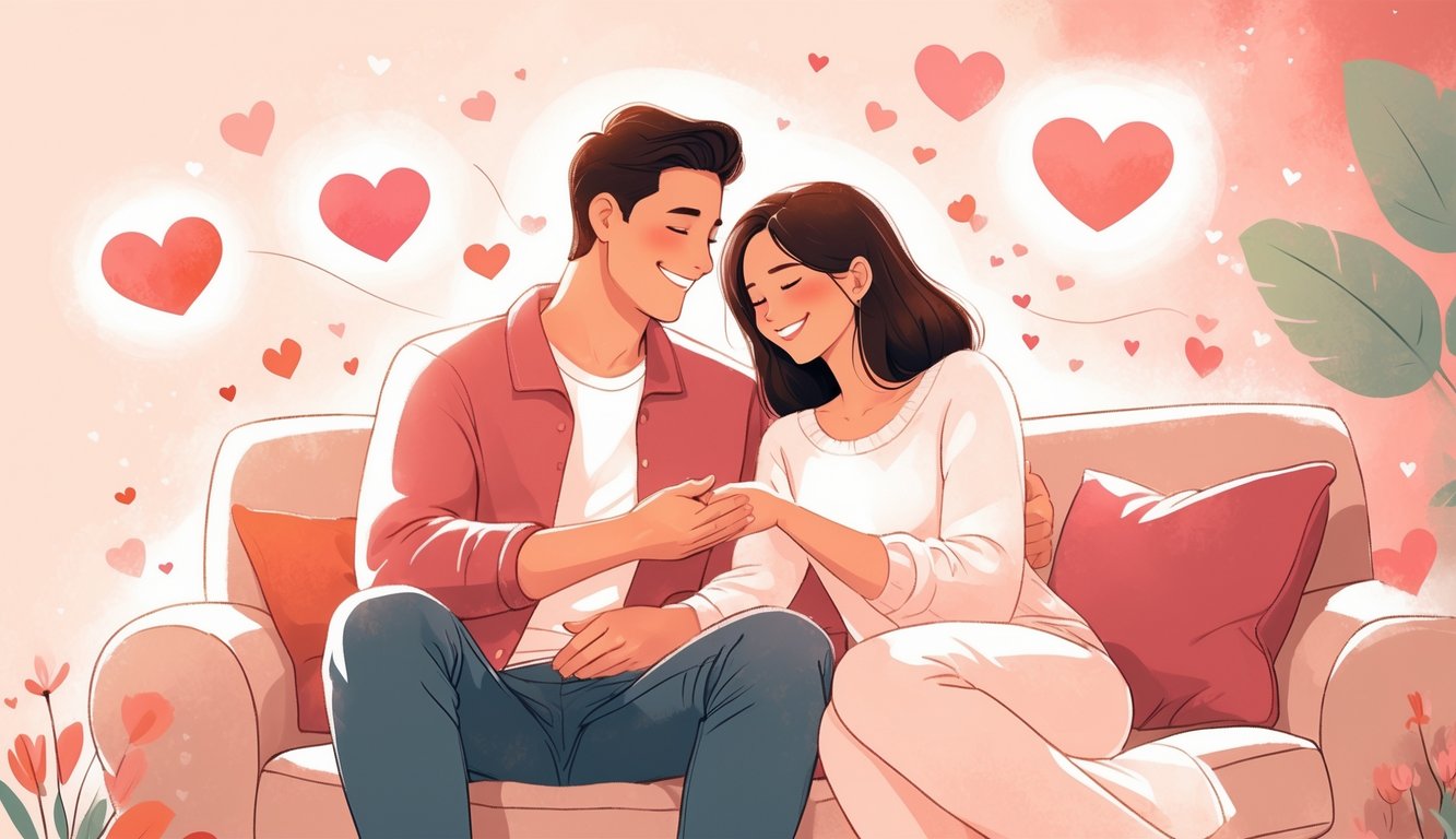 Par koji sjedi zajedno na sofi, držeći se za ruke i gledajući se s ljubavlju u toplom i ugodnom okruženju.