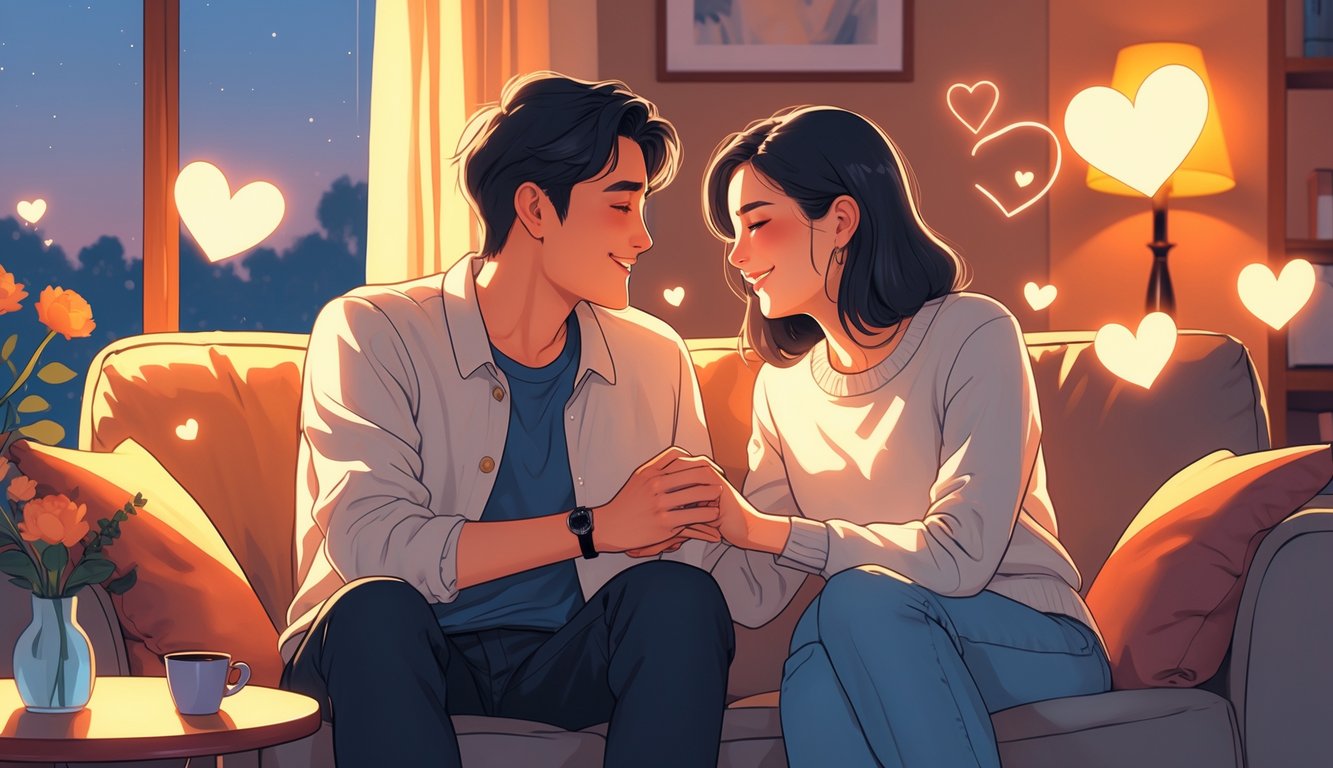 Mladi par sjedi zajedno u toploj sobi, držeći se za ruke i gledajući se s ljubavlju.