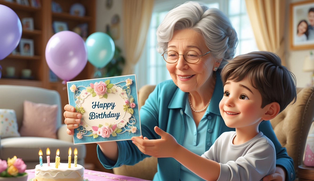 Baka predaje unuku rođendansku čestitku u ugodnoj dnevnoj sobi ukrašenoj za rođendan.