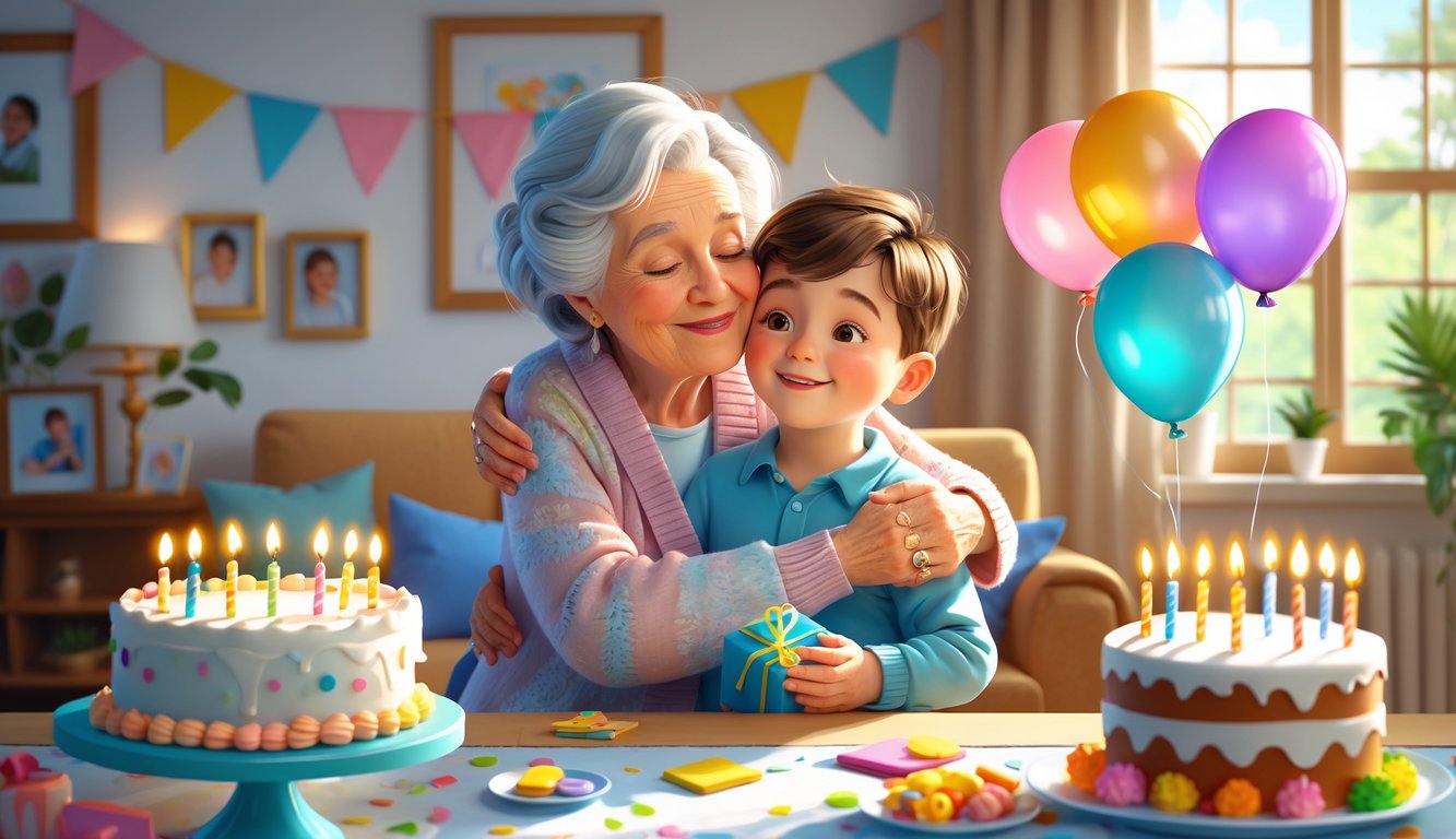 Baka i unuk zajedno slave rođendan u toploj sobi s balonima i tortom.