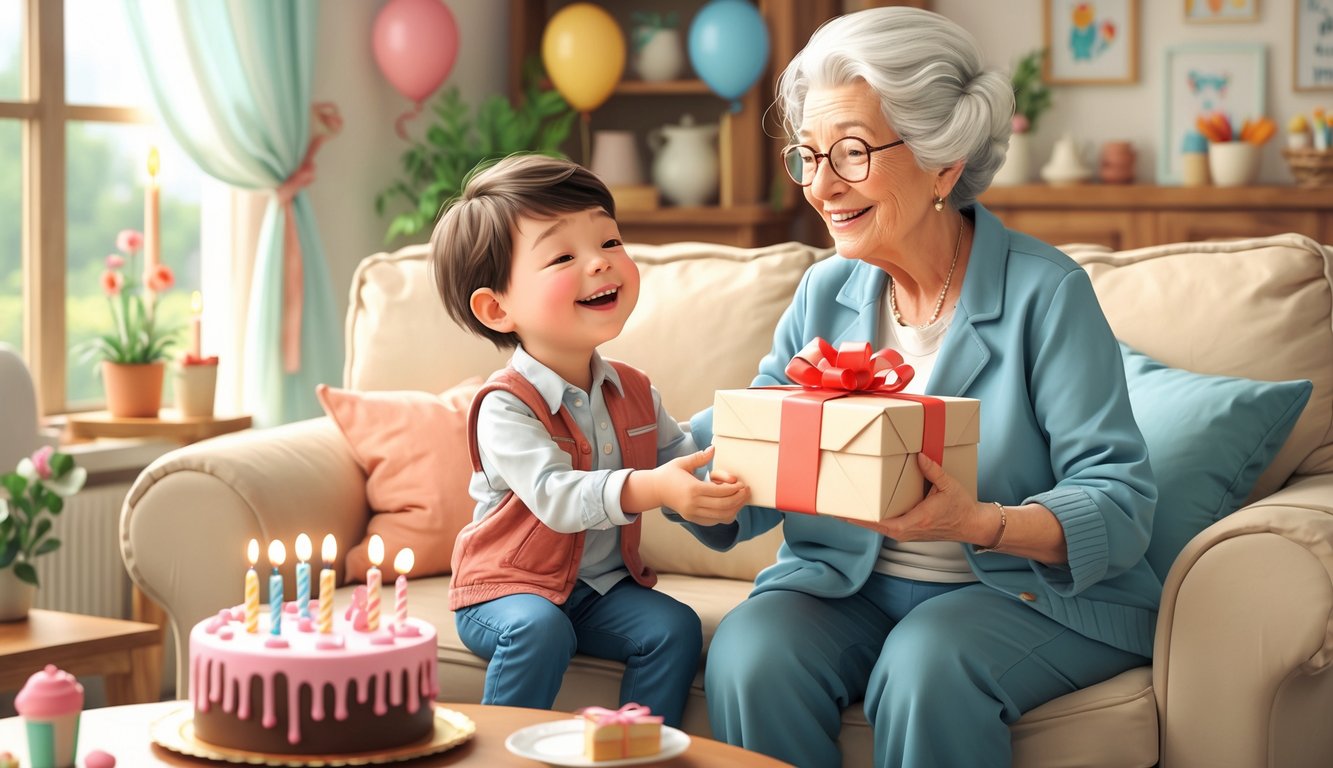 Baka i unuk zajedno slave rođendan u udobnoj sobi, baka daruje unuku poklon, oboje su sretni i okruženi rođendanskim ukrasima.