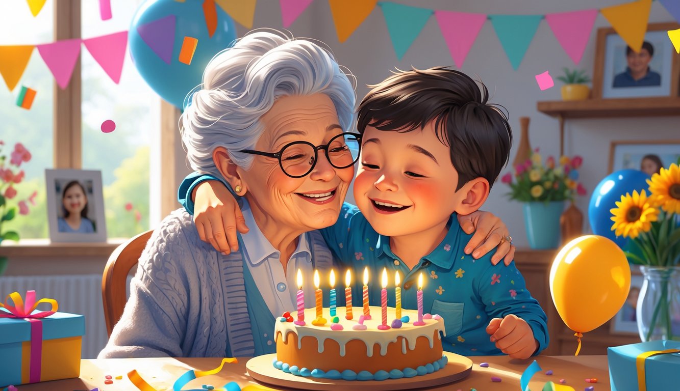 Baka i unuk zajedno slave rođendan, smiju se i grle se u toplom i ugodnom okruženju s rođendanskim ukrasima.