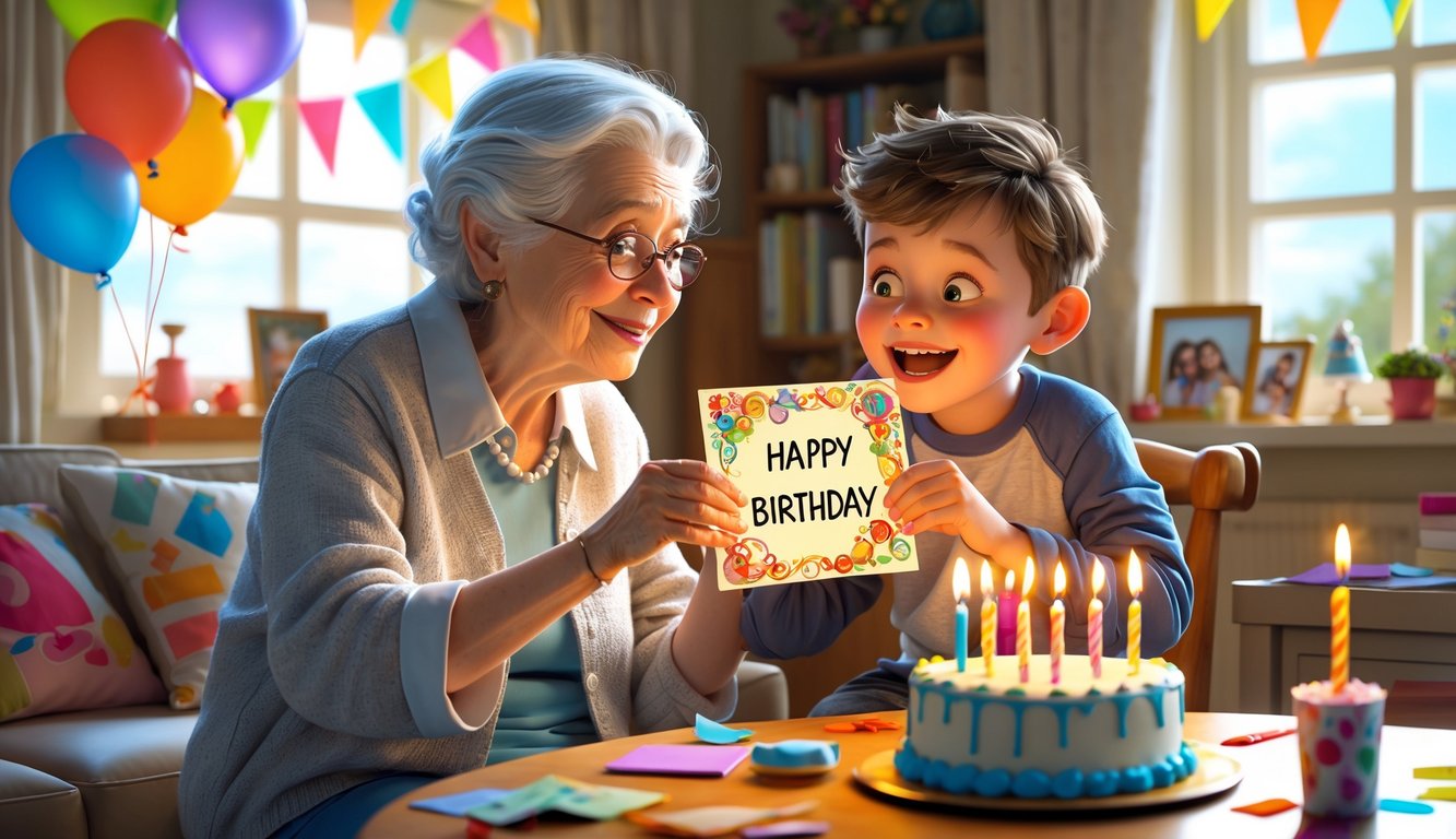 Baka daje unuku rođendansku čestitku u toplom i ukrašenom dnevnom boravku.