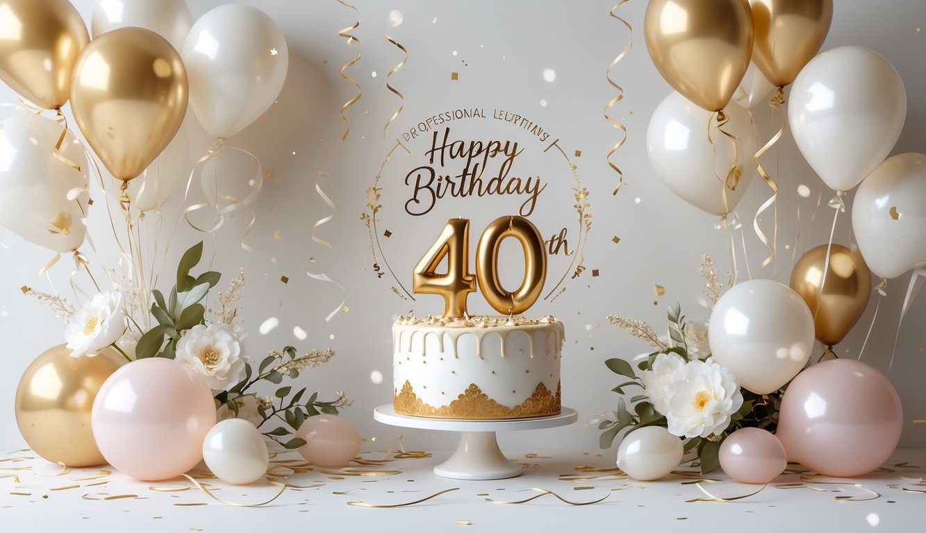 Scena proslave 40. rođendana s tortom ukrašenom brojem 40, balonima i cvijećem.
