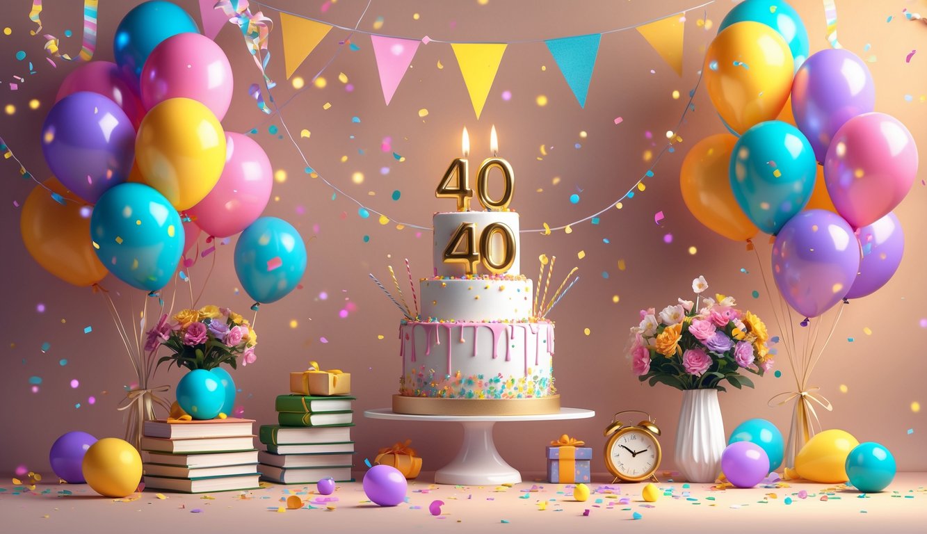 Scena rođendanske proslave s tortom, balonima i ukrasima za 40. rođendan.