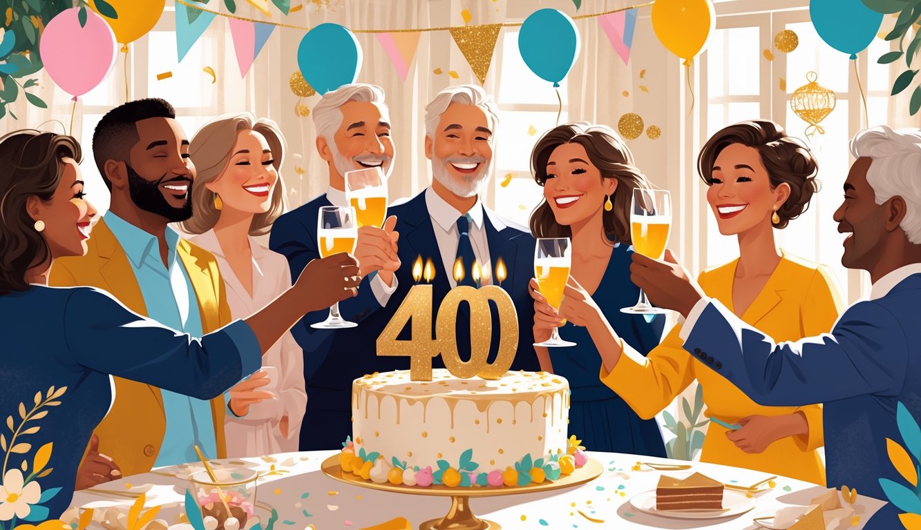 Skupina odraslih ljudi slavi 40. rođendan uz tortu i balone u ugodnom okruženju.