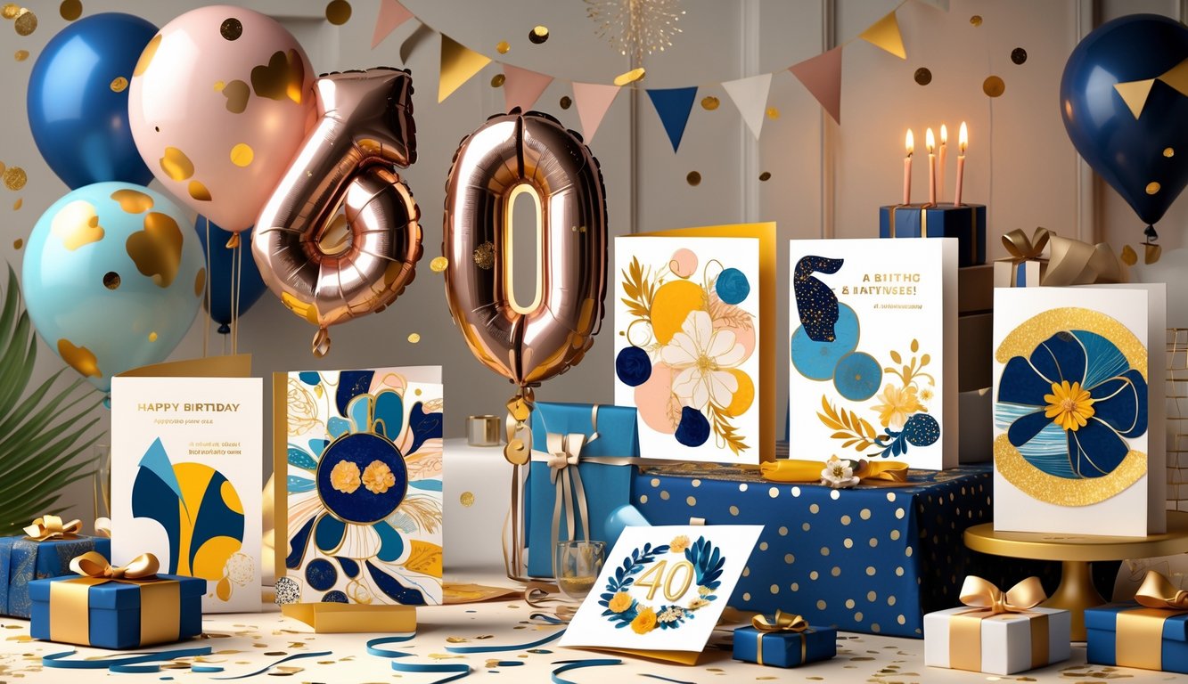 Scena proslave 40. rođendana s ukrašenim stolom na kojem su razne kreativne čestitke, baloni u obliku broja 40 i rođendanska torta.
