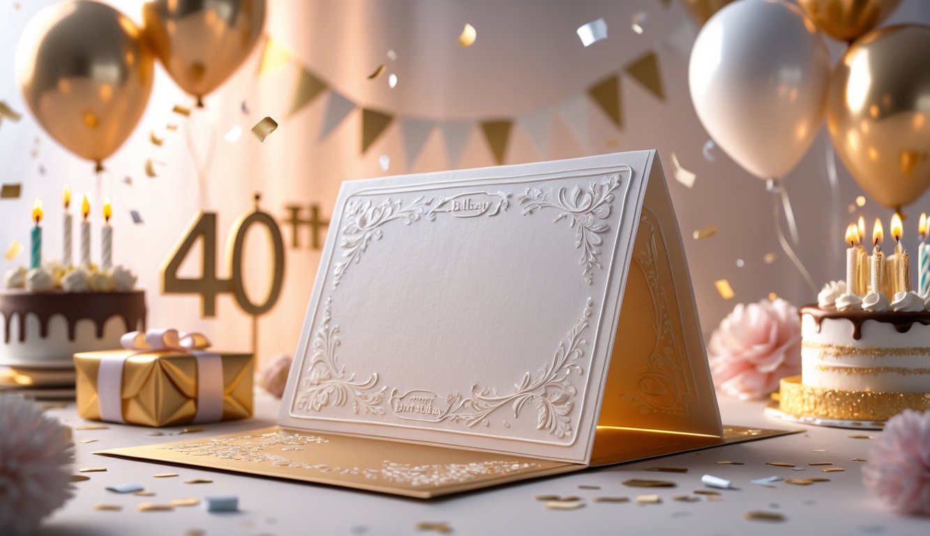 Scena proslave 40. rođendana s otvorenom čestitkom na stolu, balonima, poklonom i tortom s brojem 40.