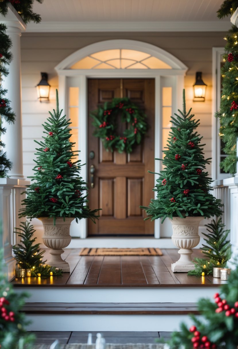 Front Porch Christmas Decor Ideas 2025: 24 Stylish Ways To Elevate Your Holiday Entryway 3 Two small Christmas trees in decorative urns placed symmetrically on a front porch beside a wooden door.