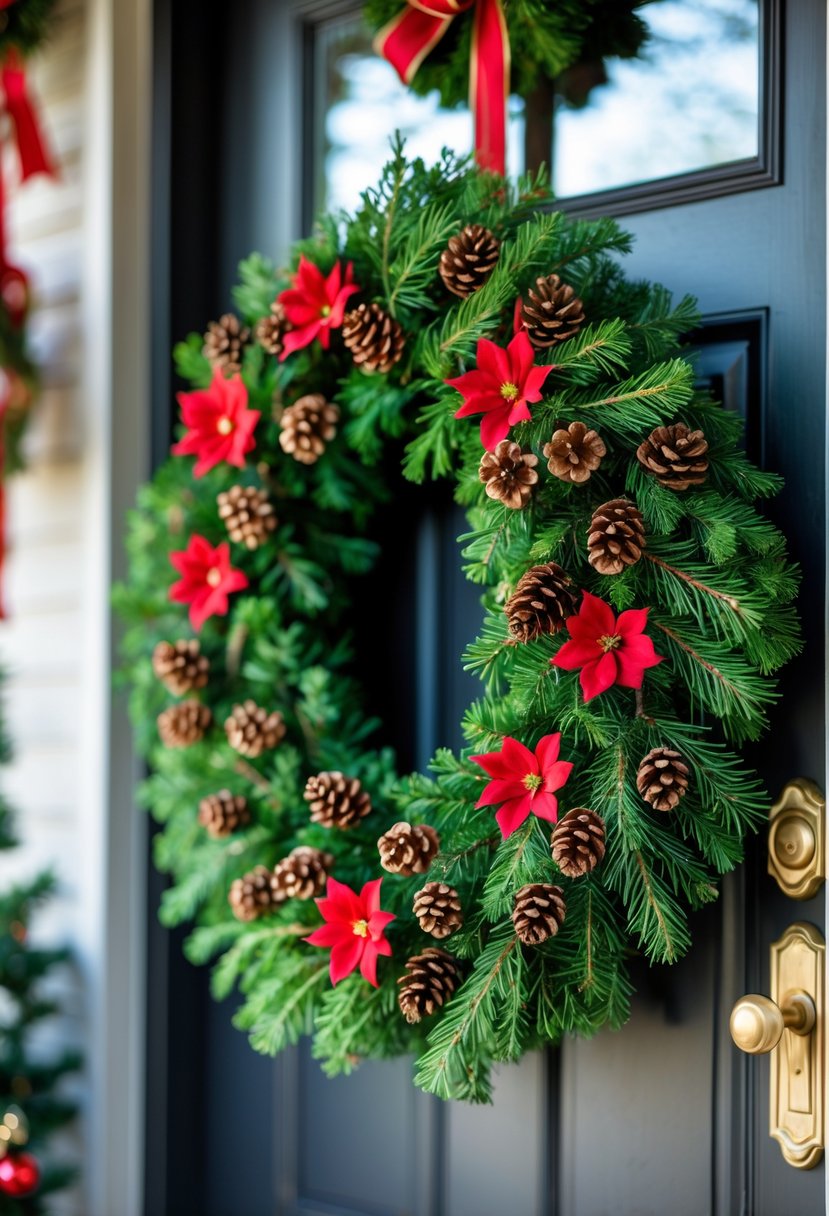 Front Porch Christmas Decor Ideas 2025: 24 Stylish Ways To Elevate Your Holiday Entryway 4 A classic red and green Christmas wreath with pine cones hanging on a front porch door.