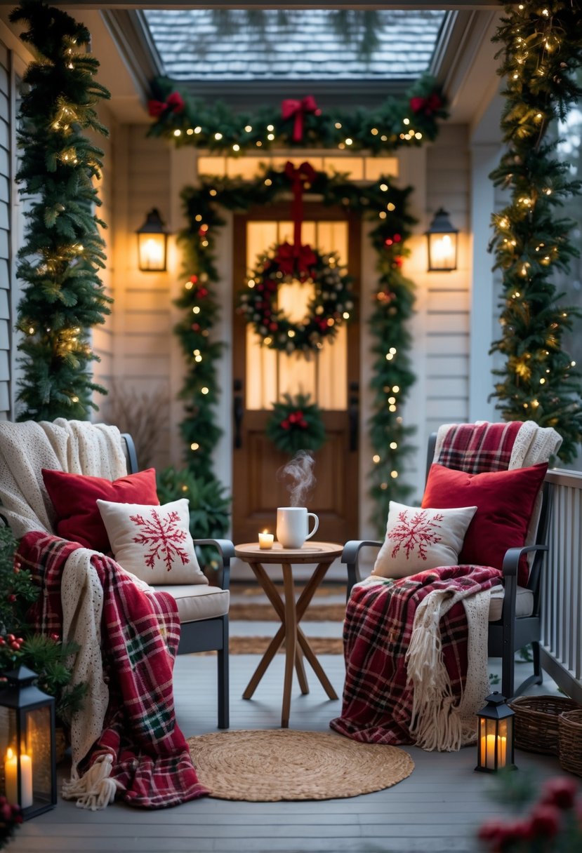 Front Porch Christmas Decor Ideas 2025: 24 Stylish Ways To Elevate Your Holiday Entryway 6 Front porch with plaid blankets on seating, decorated with Christmas garlands, lights, and a wreath on the door.