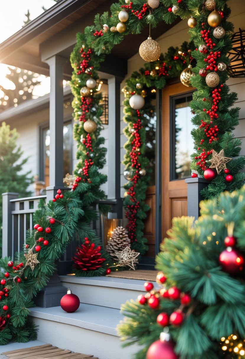Front Porch Christmas Decor Ideas 2025: 24 Stylish Ways To Elevate Your Holiday Entryway 8 Front porch decorated with green garlands, red berries, and Christmas ornaments around the doorway and railing.