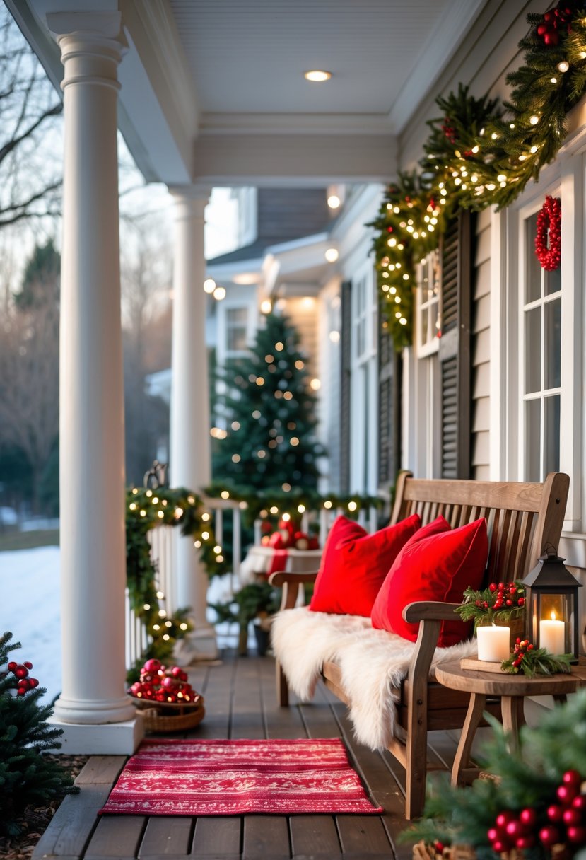 Front Porch Christmas Decor Ideas 2025: 24 Stylish Ways To Elevate Your Holiday Entryway 9 A front porch decorated for Christmas with a cozy seating area featuring red throw pillows and festive holiday decorations.