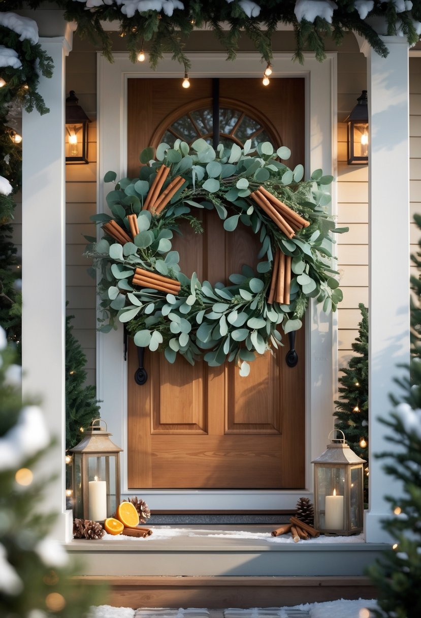 Front Porch Christmas Decor Ideas 2025: 24 Stylish Ways To Elevate Your Holiday Entryway 10 Front porch decorated with wreaths made of eucalyptus leaves and cinnamon sticks hanging on a wooden door, surrounded by holiday decorations and soft natural light.