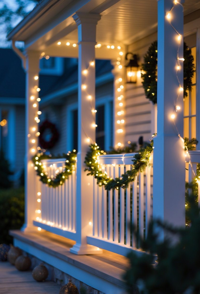 Front Porch Christmas Decor Ideas 2025: 24 Stylish Ways To Elevate Your Holiday Entryway 11 Front porch decorated with warm white fairy lights wrapped around the railings and seasonal Christmas decorations.
