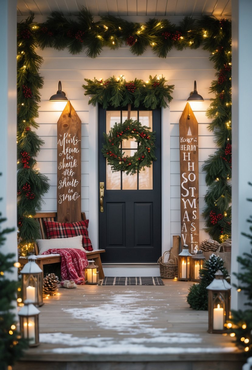 Front Porch Christmas Decor Ideas 2025: 24 Stylish Ways To Elevate Your Holiday Entryway 12 A front porch decorated with rustic wooden signs and Christmas decorations including pine garlands, red berries, pinecones, and fairy lights.
