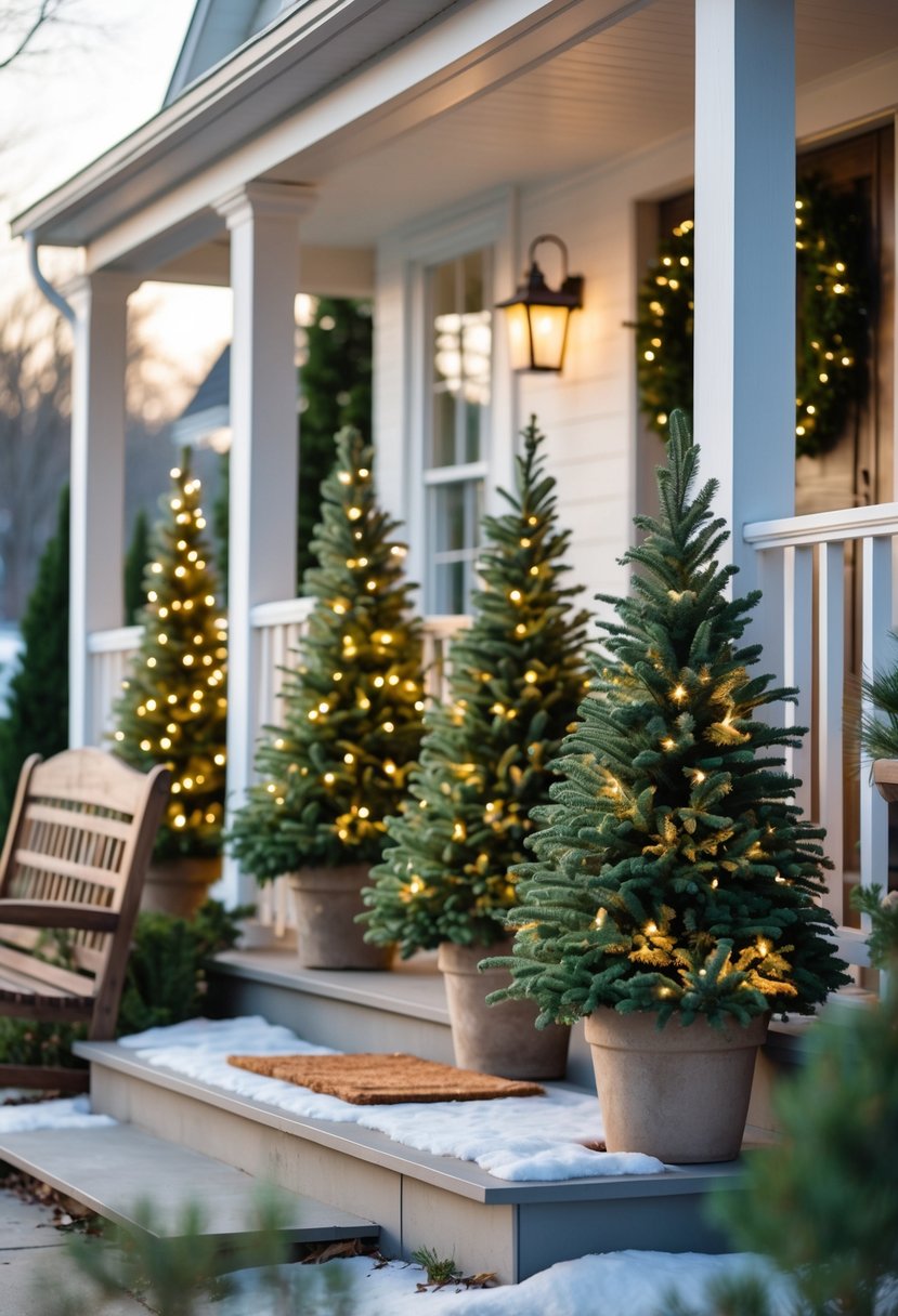 Front Porch Christmas Decor Ideas 2025: 24 Stylish Ways To Elevate Your Holiday Entryway 13 Front porch with potted evergreen shrubs decorated with twinkle lights and subtle Christmas decorations.