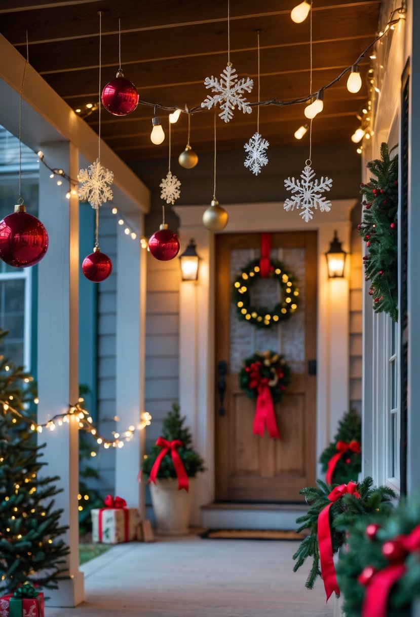 Front Porch Christmas Decor Ideas 2025: 24 Stylish Ways To Elevate Your Holiday Entryway 14 Front porch decorated for Christmas with hanging ornaments and warm lights.