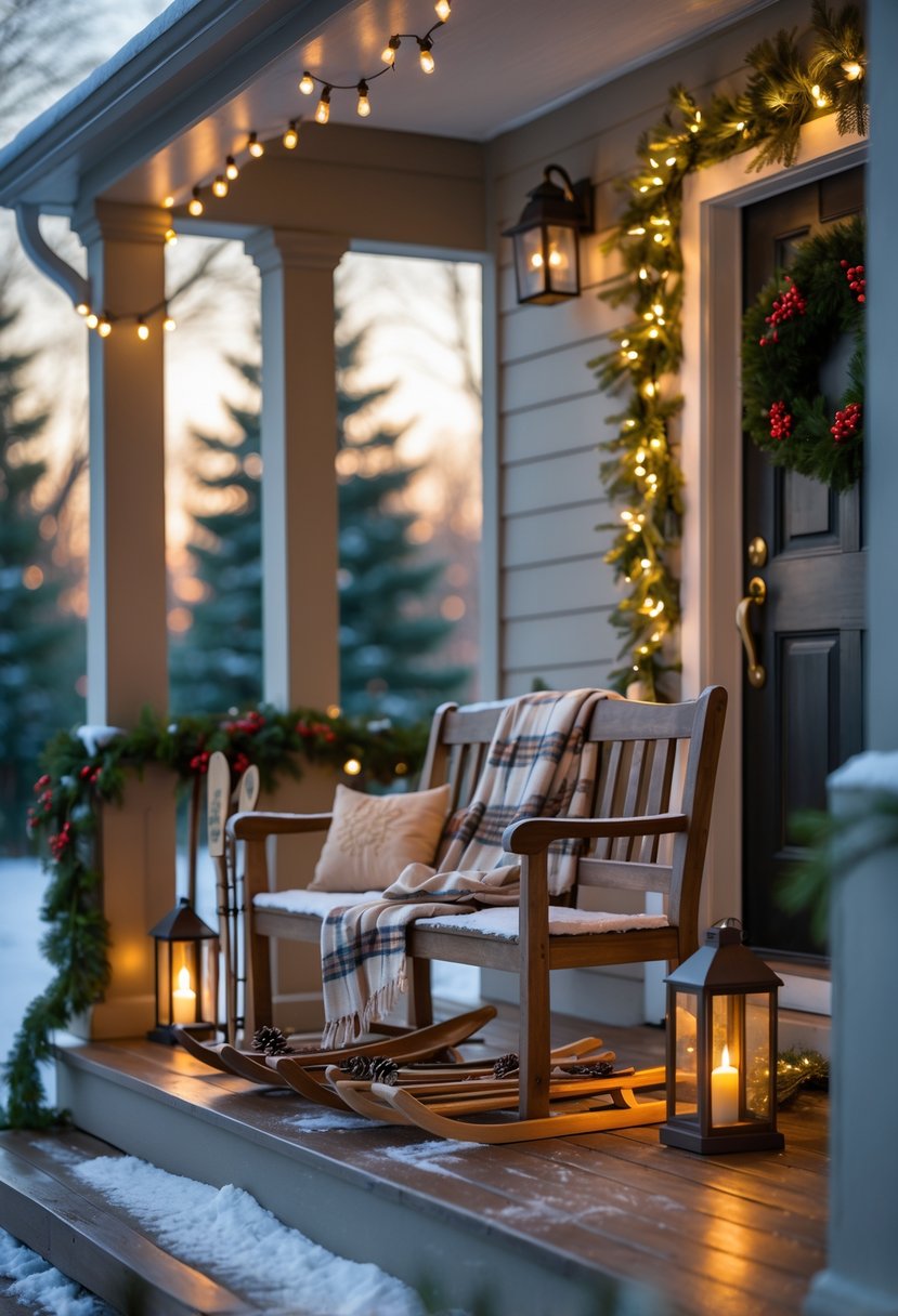 Front Porch Christmas Decor Ideas 2025: 24 Stylish Ways To Elevate Your Holiday Entryway 15 Front porch decorated with miniature sleds, vintage skis, pine garlands, and warm lights for Christmas.