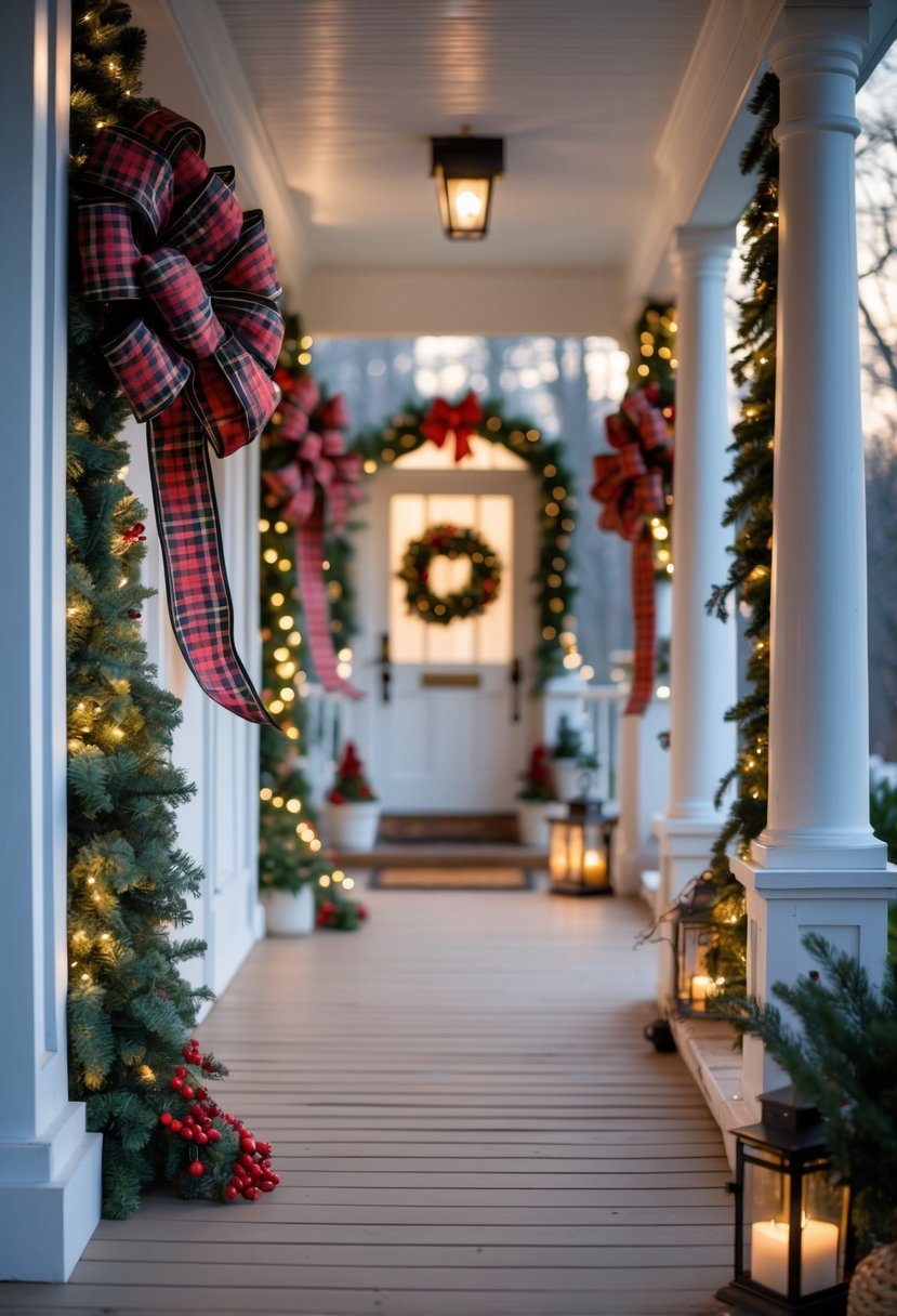 Front Porch Christmas Decor Ideas 2025: 24 Stylish Ways To Elevate Your Holiday Entryway 16 Front porch with white columns decorated with large plaid ribbon bows and festive greenery for Christmas.