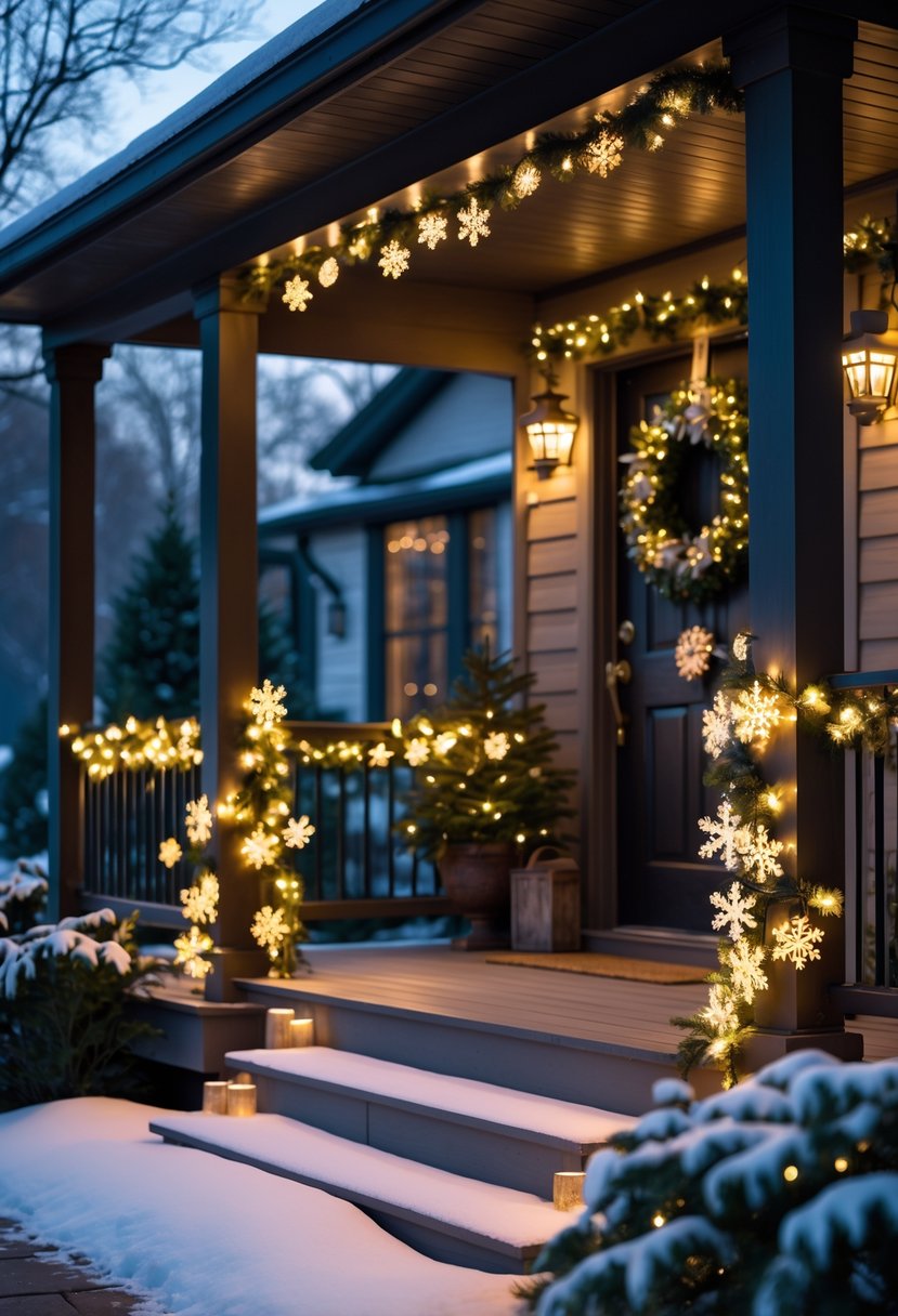 Front Porch Christmas Decor Ideas 2025: 24 Stylish Ways To Elevate Your Holiday Entryway 17 Front porch decorated with glowing snowflake string lights, pine garlands, and a wreath with snow on the ground.